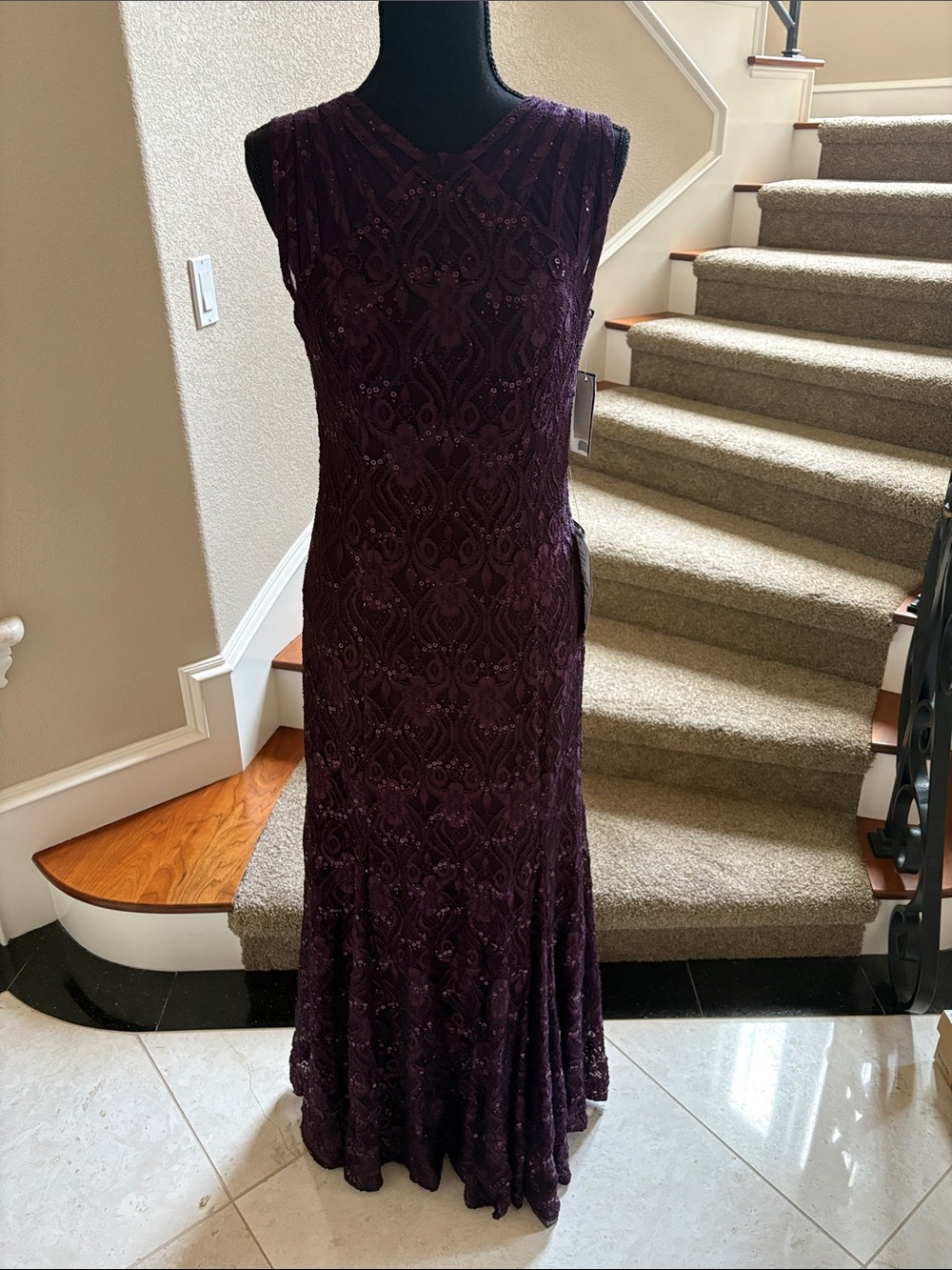 R&M Richards Sleeveless Beaded Maxi Gown in Plum